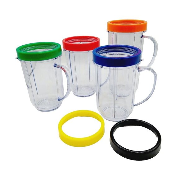 Magic Bullet Blender Mugs Set of 4 Replacement Cups Colored Rings Lids Handles - Picture 1 of 12